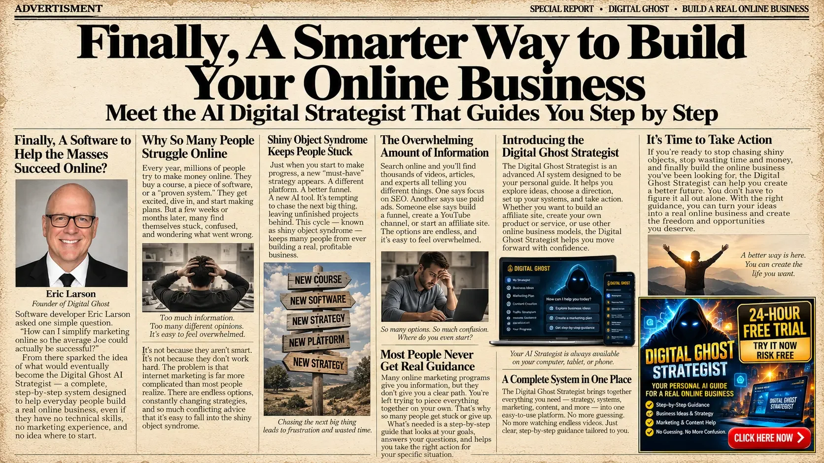 Newspaper advertisement: Finally, a Smarter Way to Build Your Online Business — Meet the AI Digital Strategist That Guides You Step by Step, featuring founder Eric Larson and a Digital Ghost Strategist 24-hour free trial.
