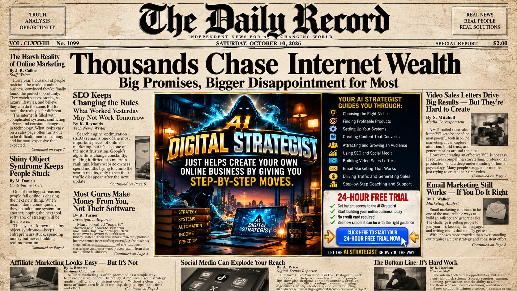 The Daily Record front page: Thousands Chase Internet Wealth — Big Promises, Bigger Disappointment for Most, with stories on SEO, shiny object syndrome, video sales letters and email marketing, and a color AI Digital Strategist panel offering a 24-hour free trial.