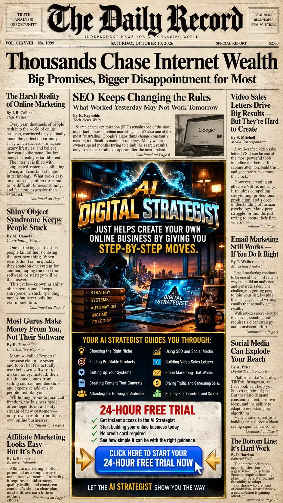 The Daily Record front page: Thousands Chase Internet Wealth — Big Promises, Bigger Disappointment for Most, with a color AI Digital Strategist panel offering a 24-hour free trial.